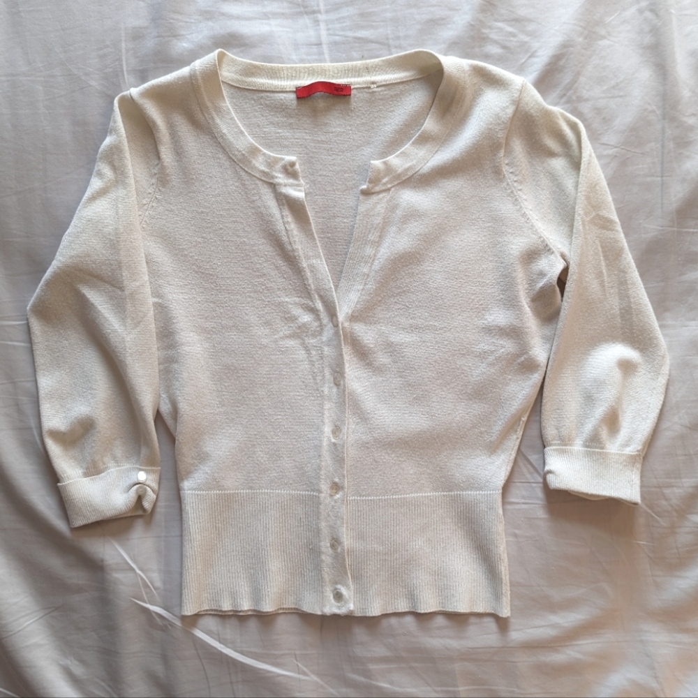 White 3/4 sleeve poly blend cardigan